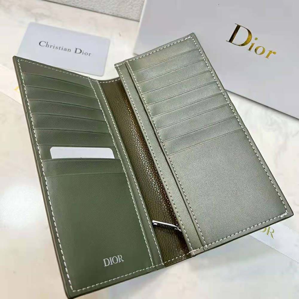 Ví Dior Vertical Long Wallet Olive Grained Calfskin with CD Icon Signature