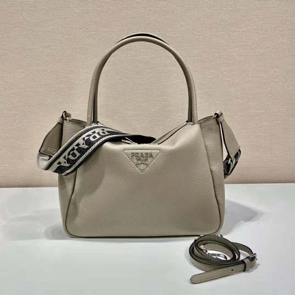 TÚI Prada Women Large Leather Handbag with the Prada Metal Lettering Logo Gleaming at Its Center-Brown