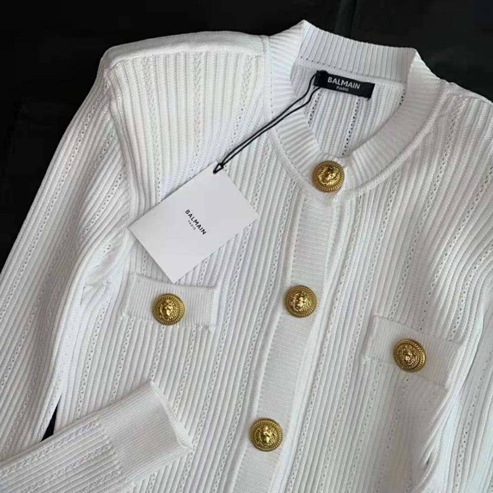ÁO Balmain Women Knit Cardigan with Gold Buttons-White