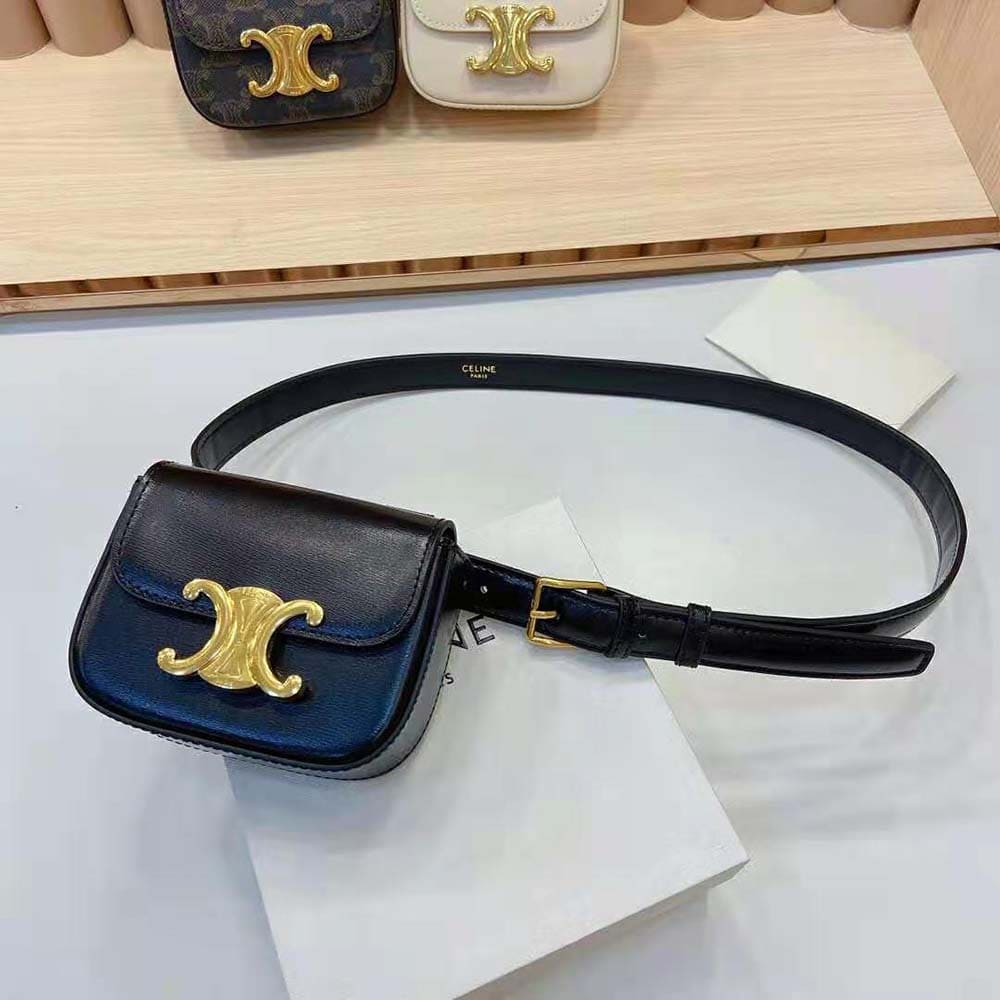 TÚI Celine Women Belt Bag Triomphe Belt in Shiny Calfskin-Black
