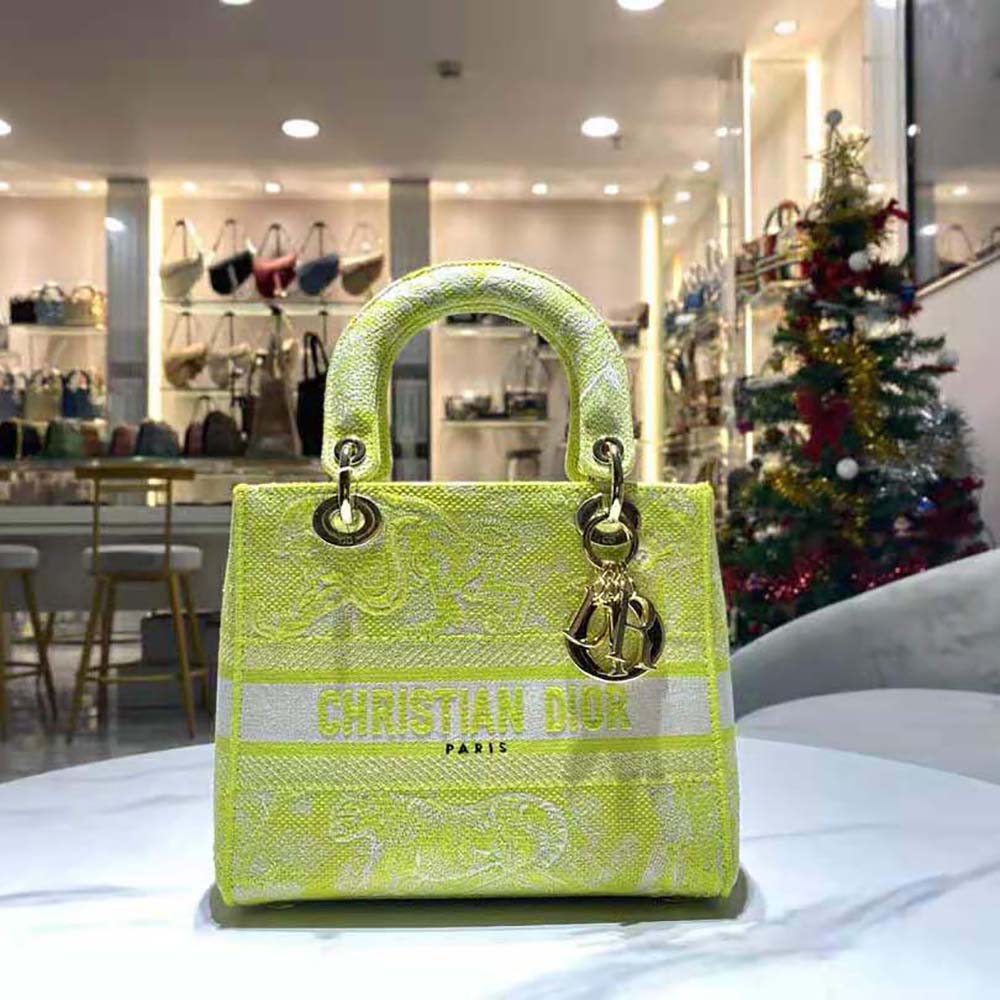 TÚI Dior Women Medium Lady D-lite Bag Lime Toile de Jouy Reverse Embroidery