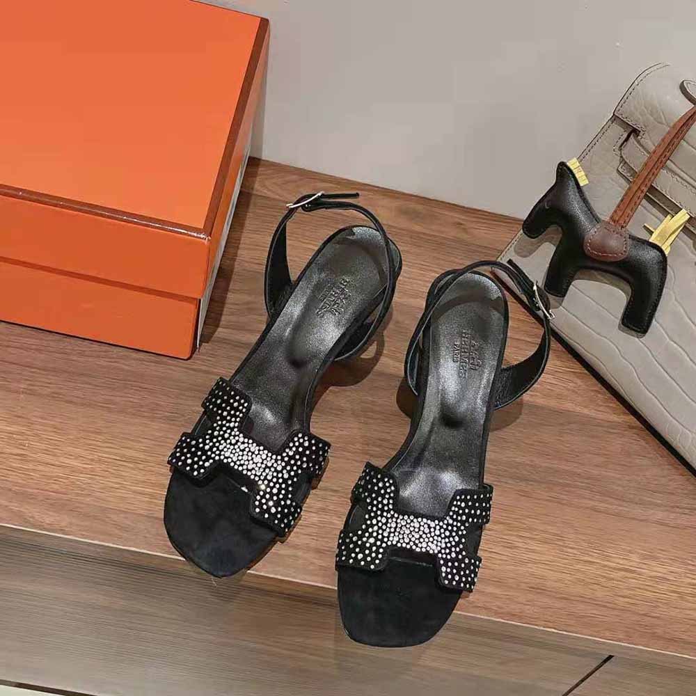 GIÀY Hermes Women Eternite 80 Sandal High Heel Sandal in Suede Goatskin-Black SS2022