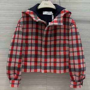 ÁO Dior Women Hooded Blouson Red Black and White Check n Dior Cotton and Wool
