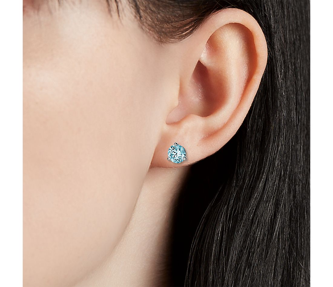Bông tai vàng trắng 18K Au750 Blue Moissanite Diamond Round Solitaire Stud Earrings