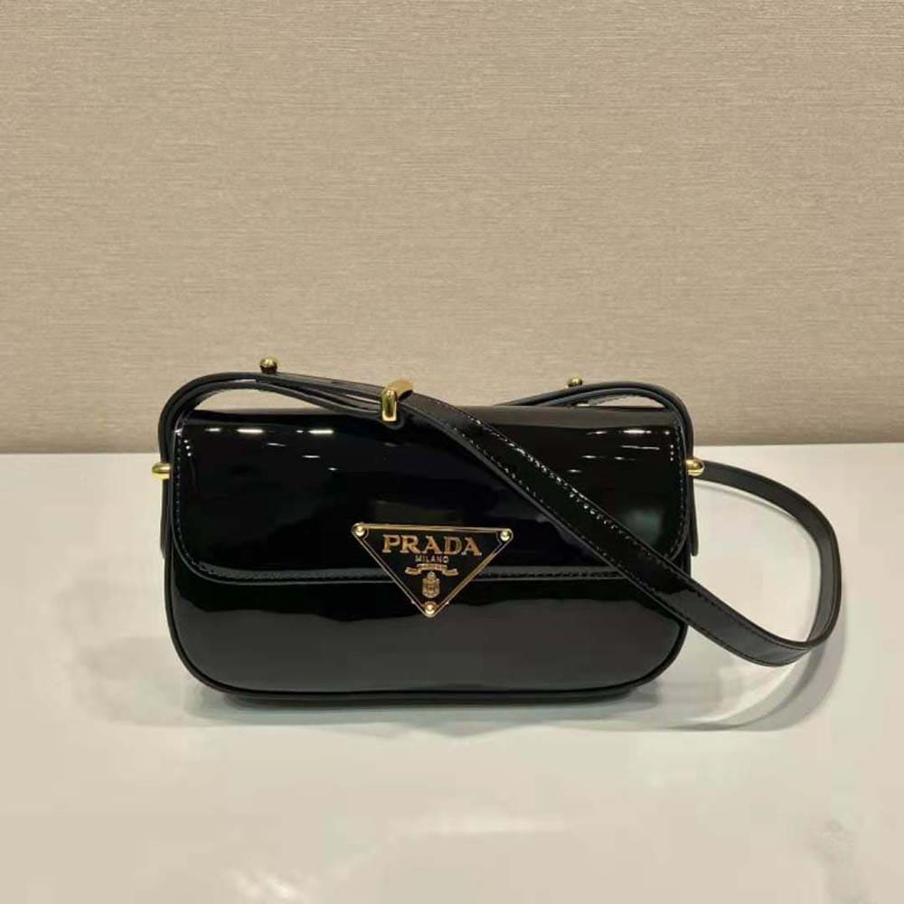 TÚI PRADA Women Patent Leather Shoulder Bag with Flap-Black