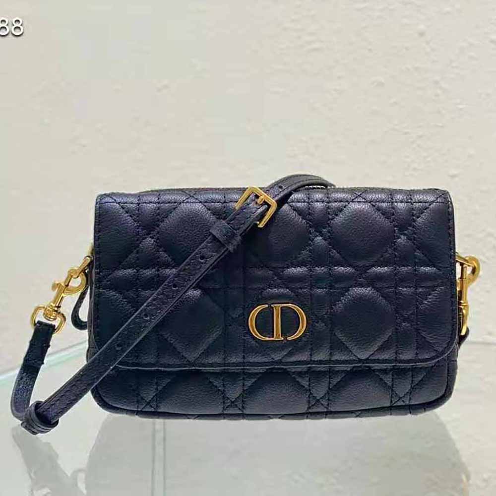 TÚI Dior Women Caro Pouch with Chain Black Supple Cannage Calfskin