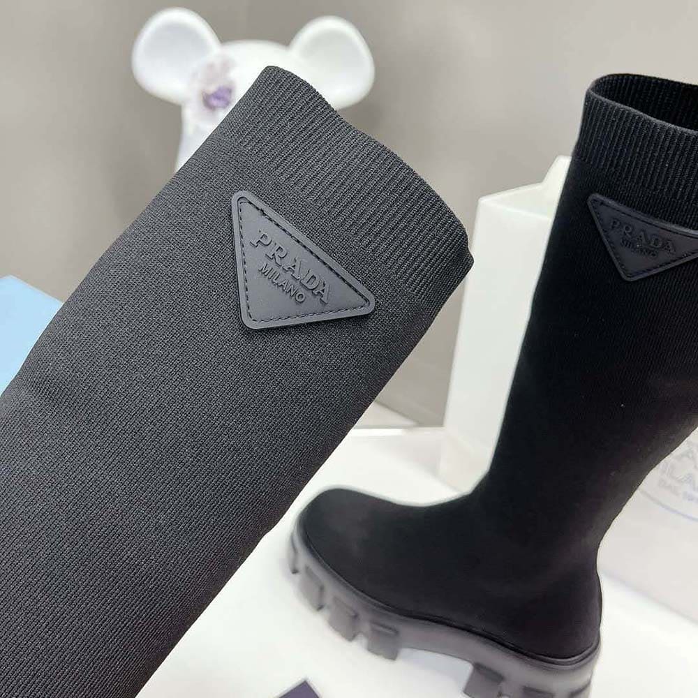 GIÀY Prada Women Monolith Knit Boots with Embossed Rubber Triangle Logo