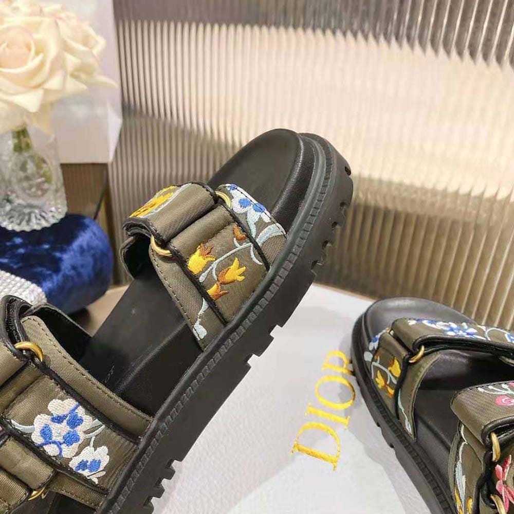 DÉP SANDALS Dior Women Dioract Sandal Khaki Multicolor Technical Fabric Embroidered with Dior Petites Fleurs Motif