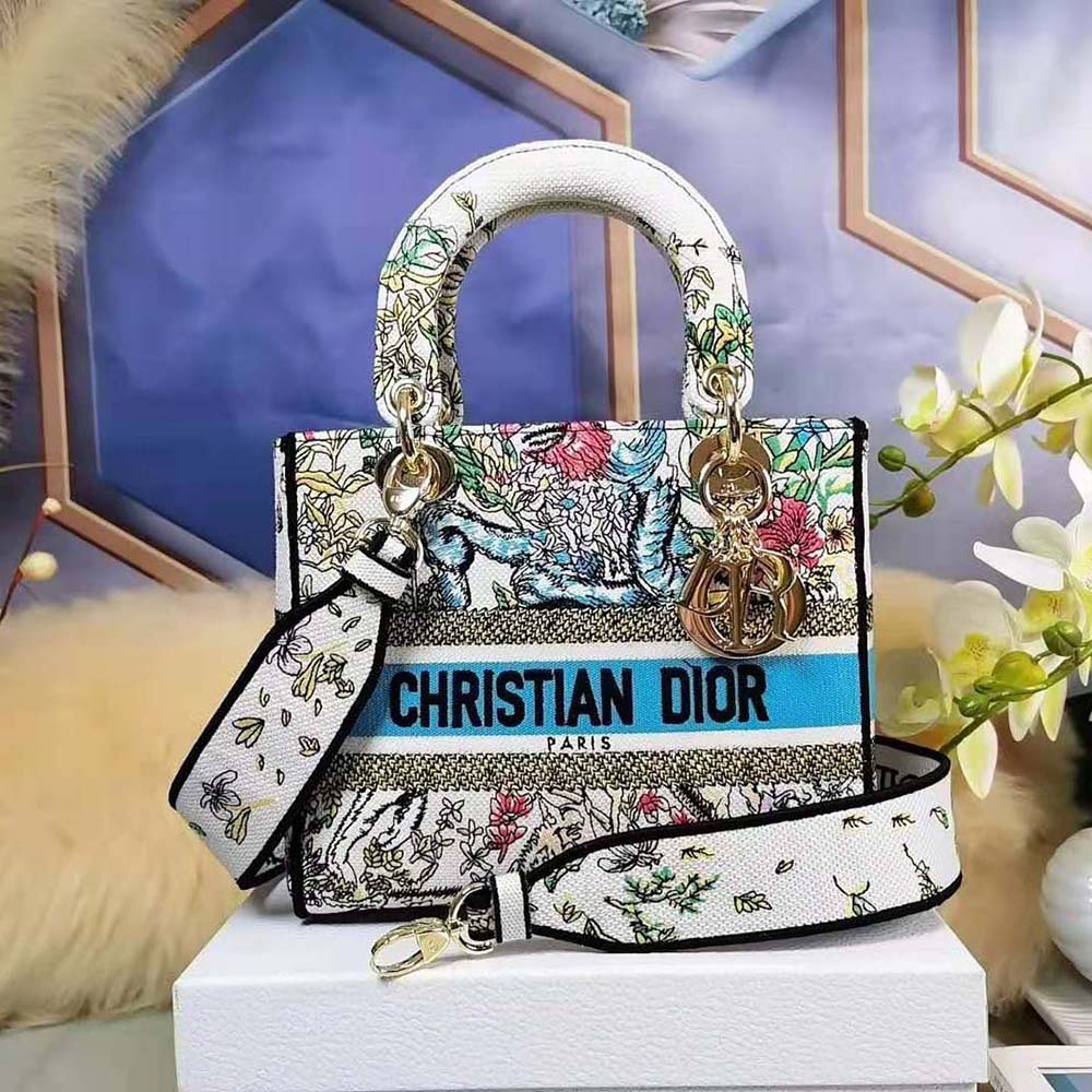 TÚI Dior Women Medium Lady D-Lite Bag Latte Multicolor D-Constellation Embroidery