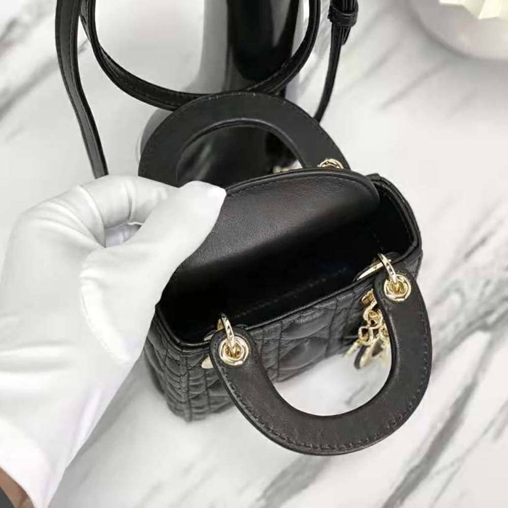 TÚI Dior Women Micro Lady Dior Bag Black Cannage Lambskin