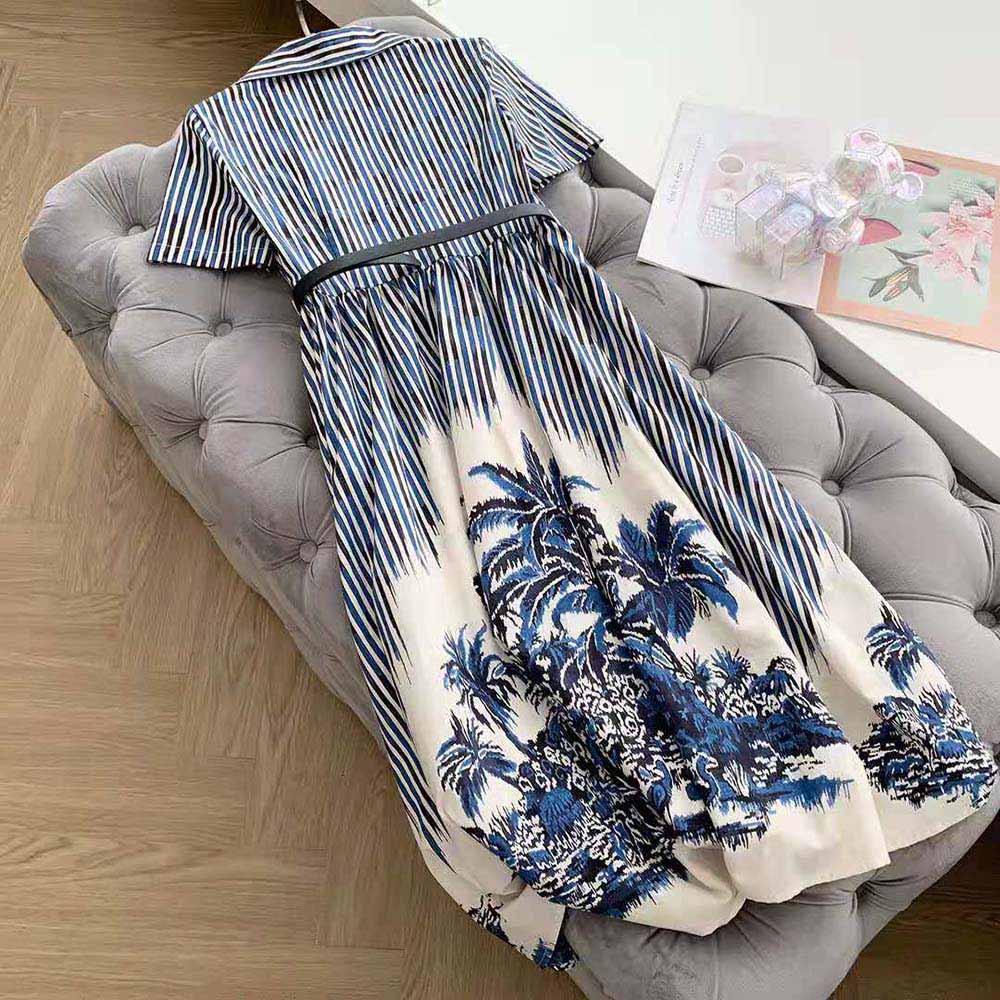 Váy Dior Long Dress Blue and White Silk Canvas with Dior Palms Motif