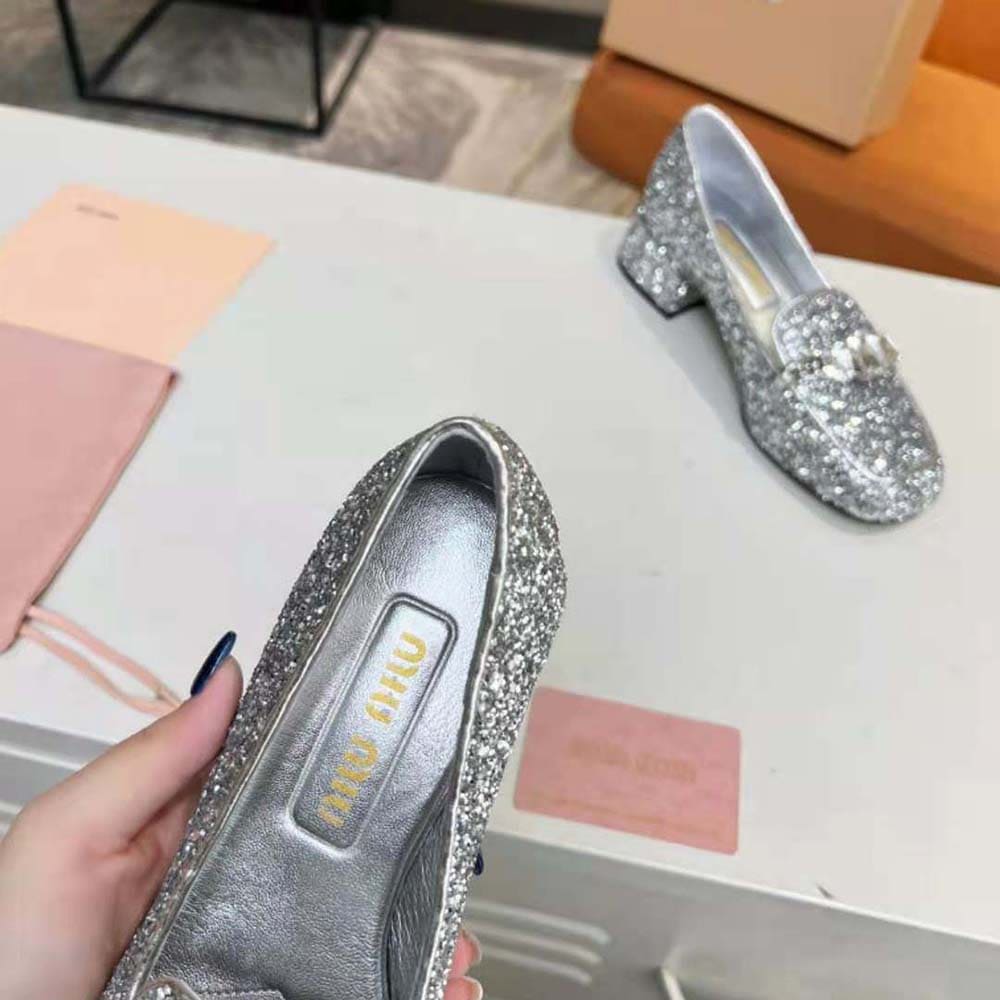 GIÀY Miu Miu Women Glitter Fabric Loafers with Fabric Logo Label