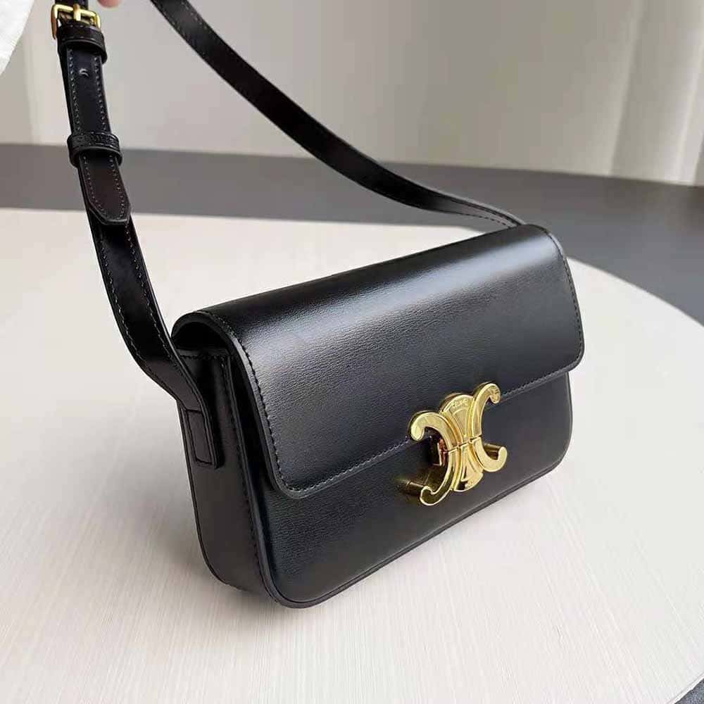 TÚI Celine Women Triomphe Shoulder Bag in Shiny Calfskin-Black