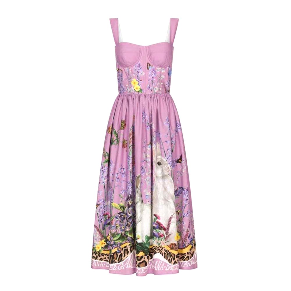 VÁY Dolce Gabbana D&G Women Calf-Length Bustier Dress in Rabbit-Print Poplin