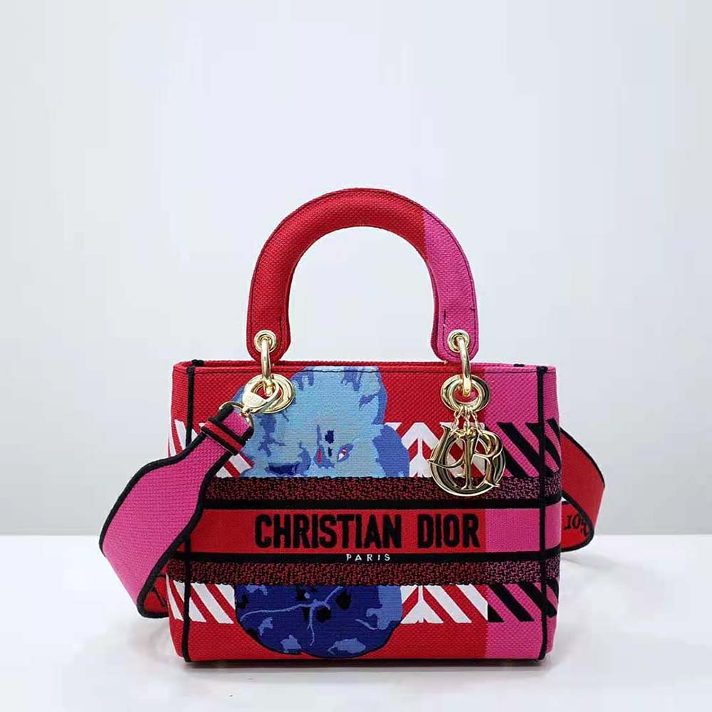 TÚI Dior Women Medium Lady D-lite Bag Bright Pink Multicolor D-Flower Pop Embroidery