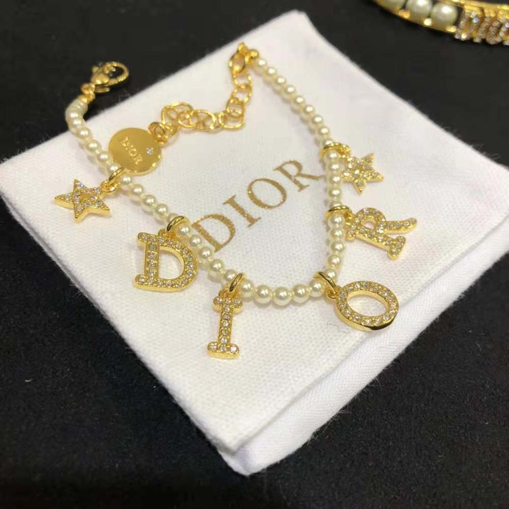 Vòng cổ Dior Women Dio(r)evolution Bracelet Gold-Finish Metal White Resin Pearls and White Crystals