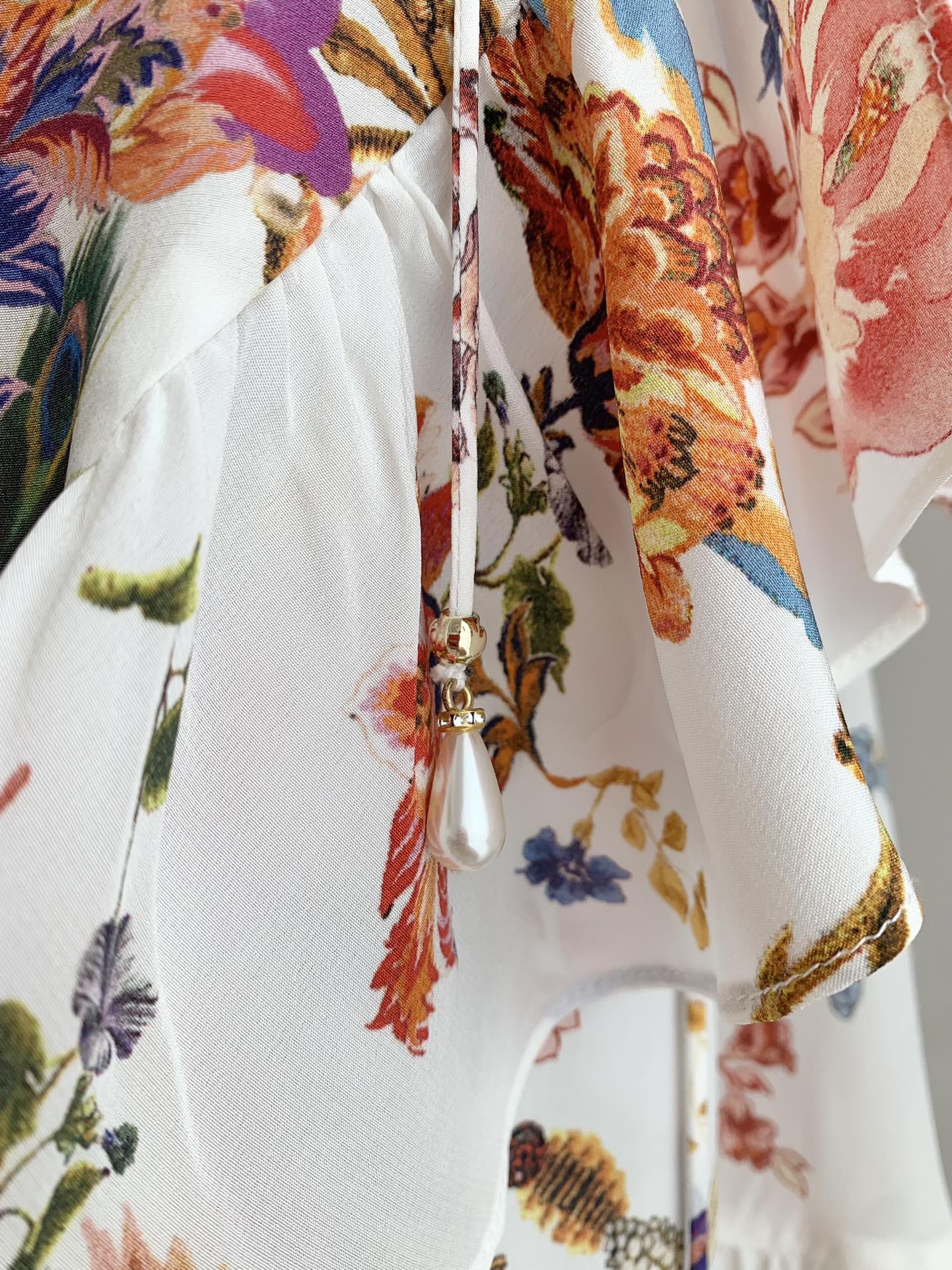 VÁY CAMILLA V NECK Floral Silk Diamond Mid Dress High Classy