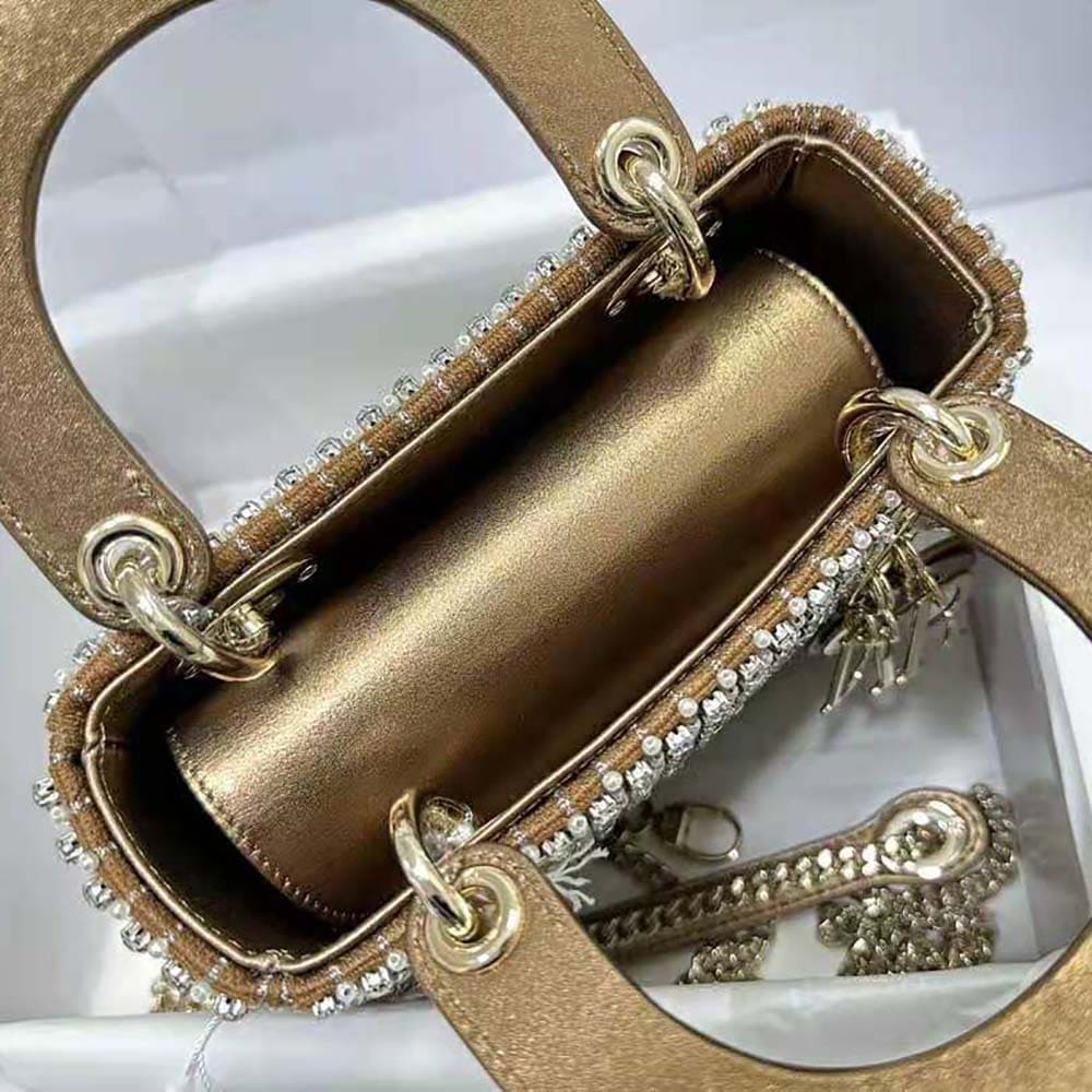 TÚI Dior Women Mini Lady Dior Bag Square-Pattern Embroidery Set with Strass and White Round Beads