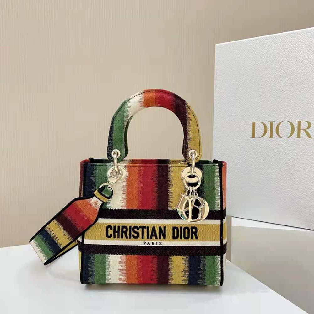 TÚI Dior Women Medium Lady D-lite Bag Multicolor Stripes Embroidery