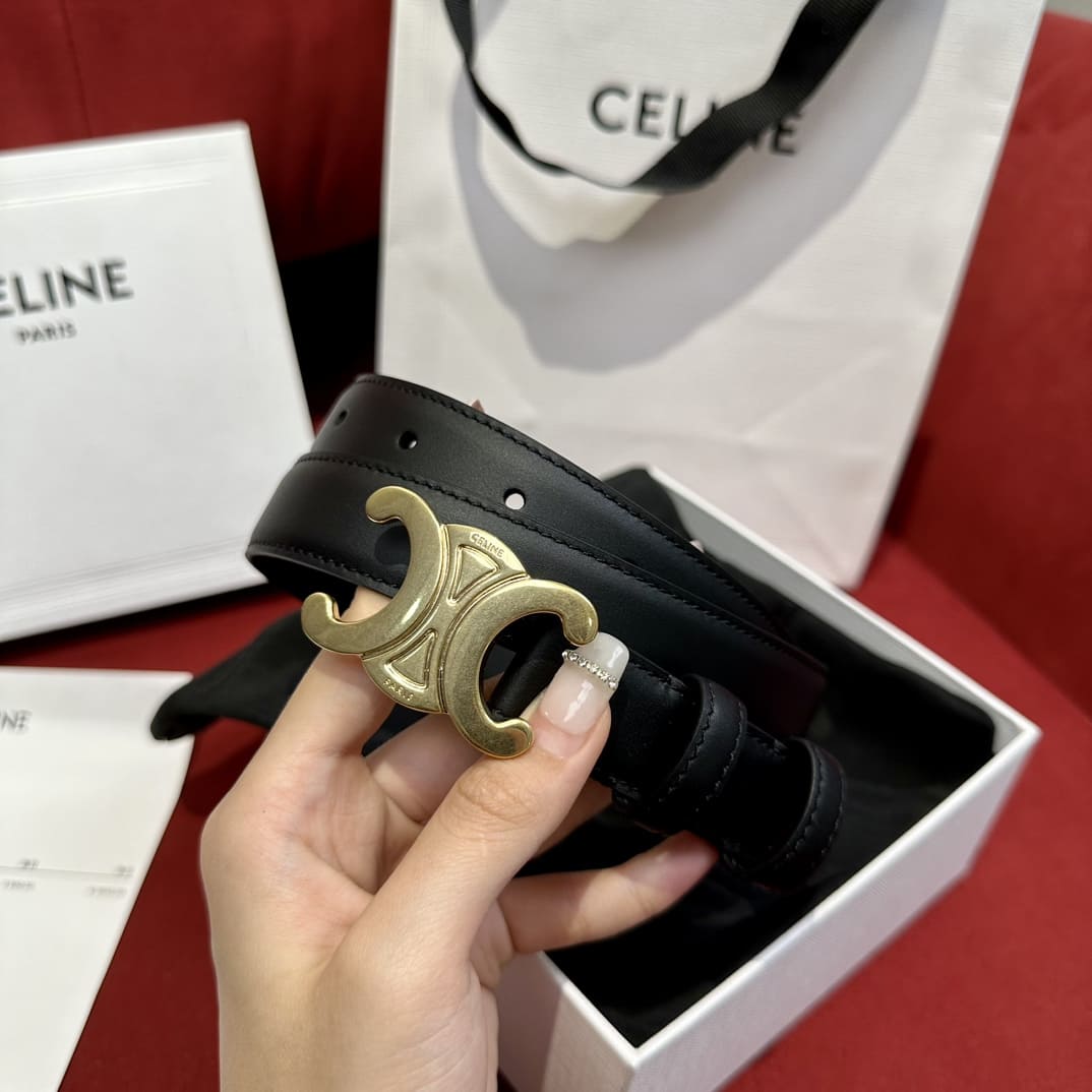 DÂY LƯNG CELINE TRIOMPHE Black Calfskin and Gold Buckle