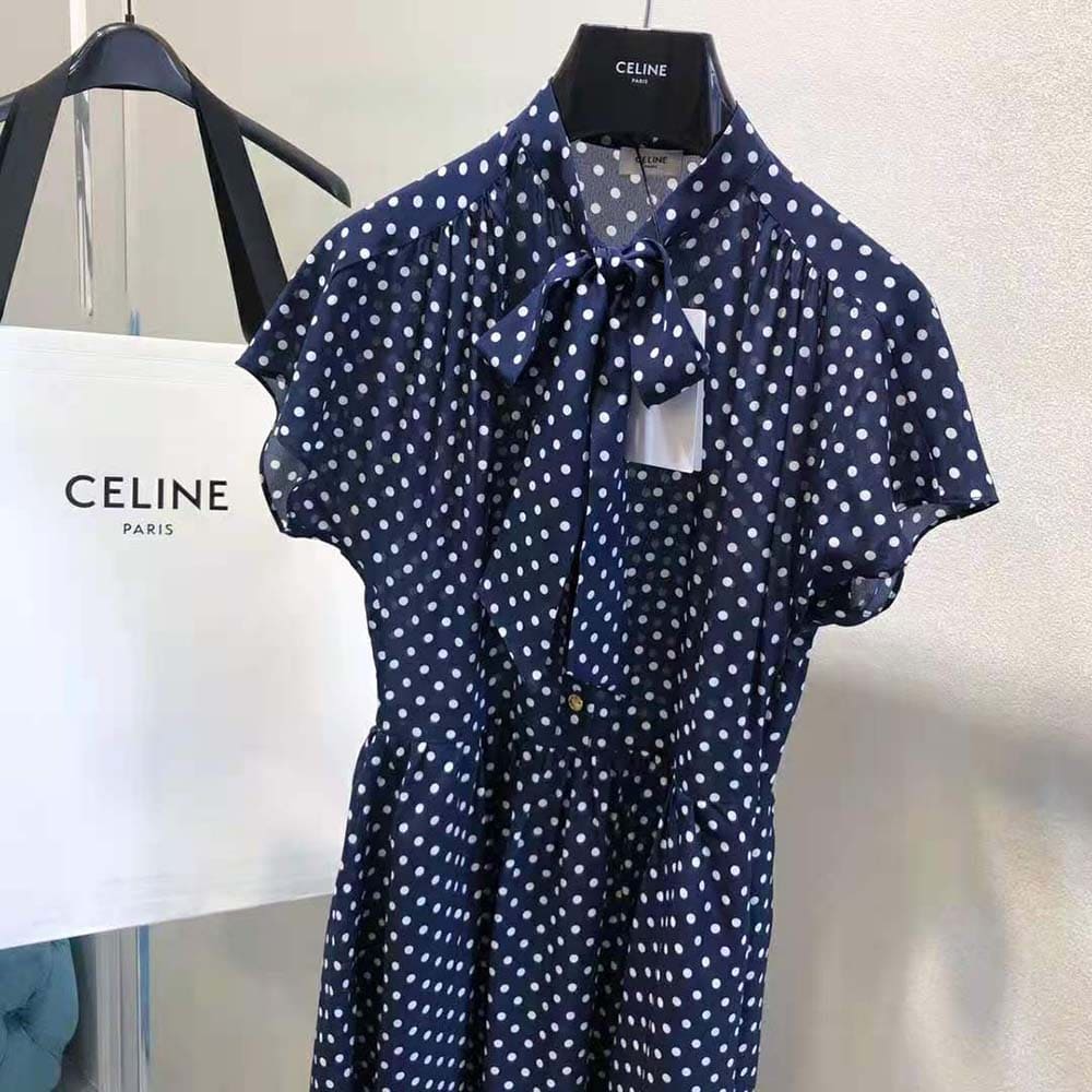 Váy Celine Women Lavalliere Dress in Crepe DE Chine-Navy