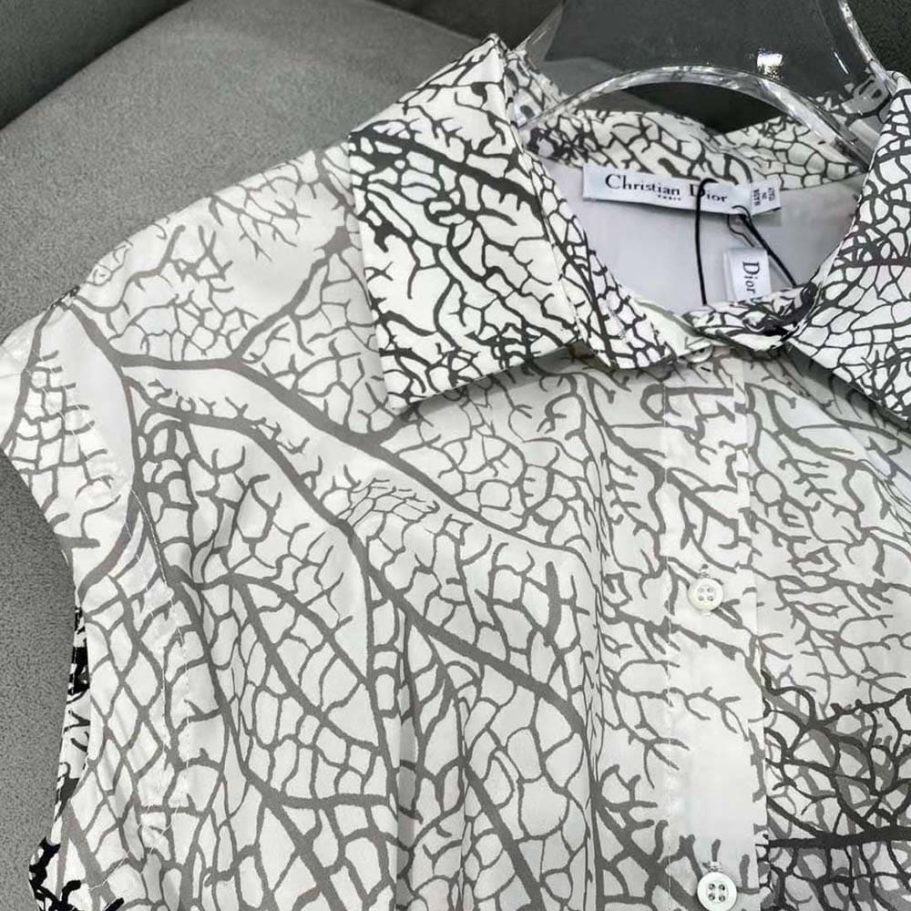 Váy Dior Women Mid-Length Dress White and Black Under The Sea Cotton Poplin