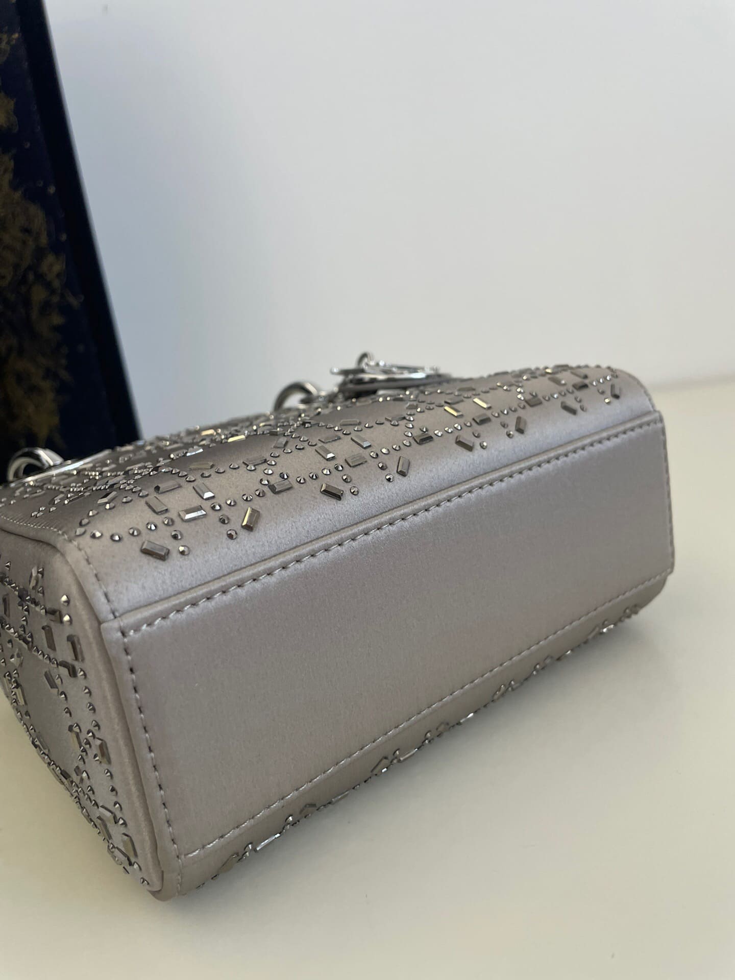 TÚI CHRISTIAN DIOR Mini Lady Dior Bag in Grey Cannage Satin with Rhinestones