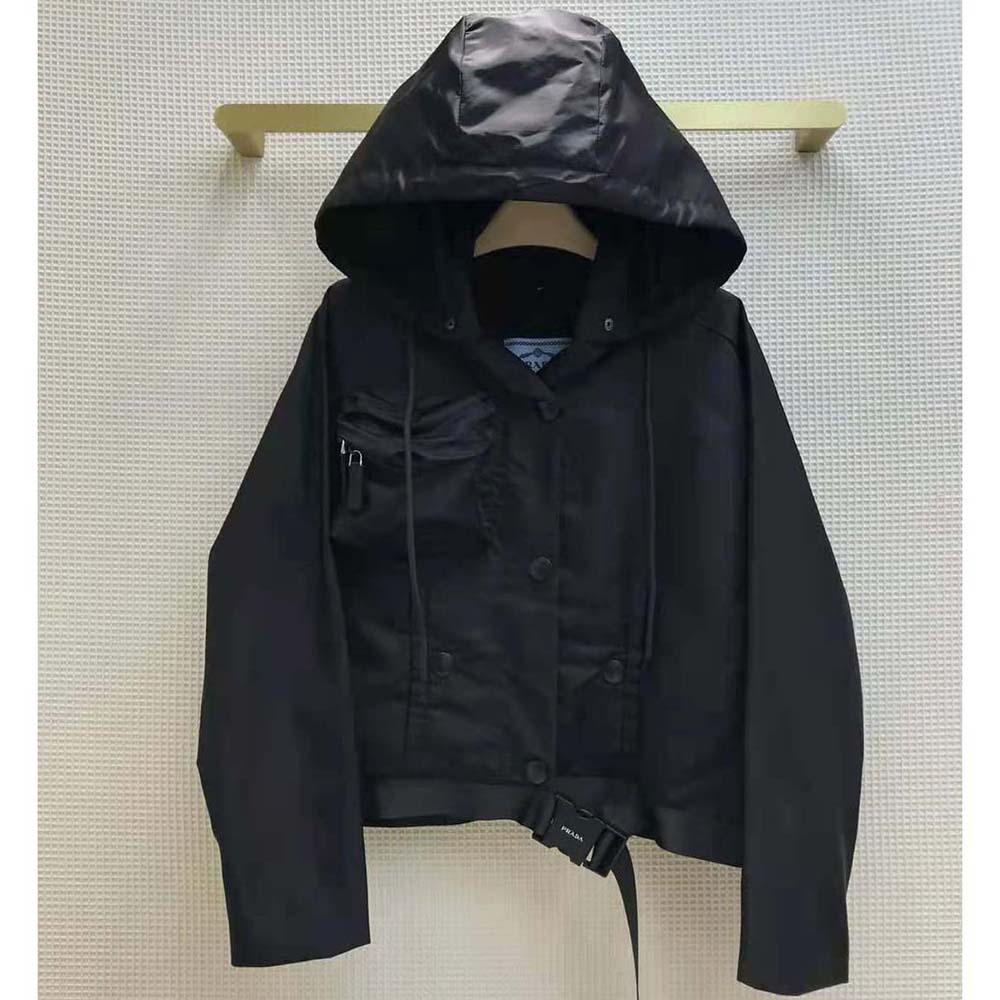 ÁO Prada Women Re-Nylon Gabardine Hooded Blouson Jacket-Black