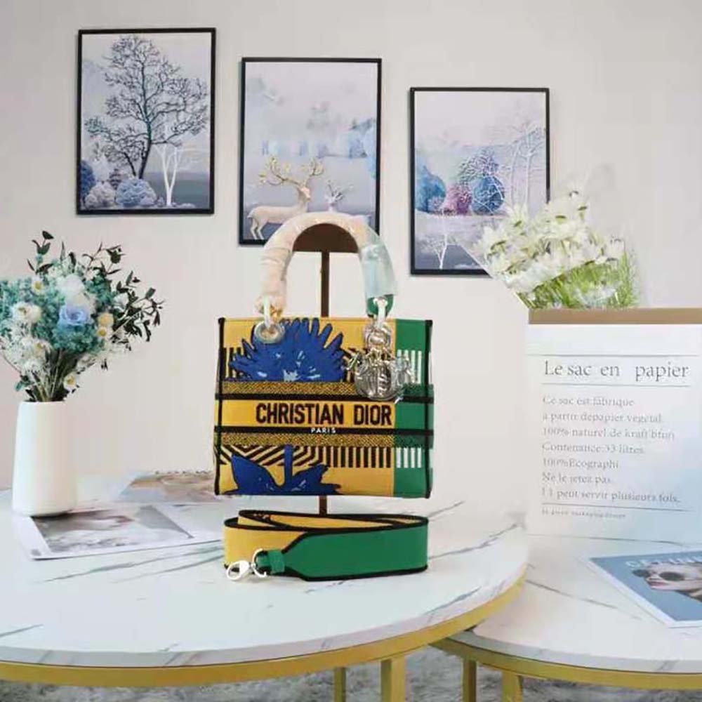 TÚI Dior Women Medium Lady D-lite Bag Bright Yellow and Green D-Flower Pop Embroidery
