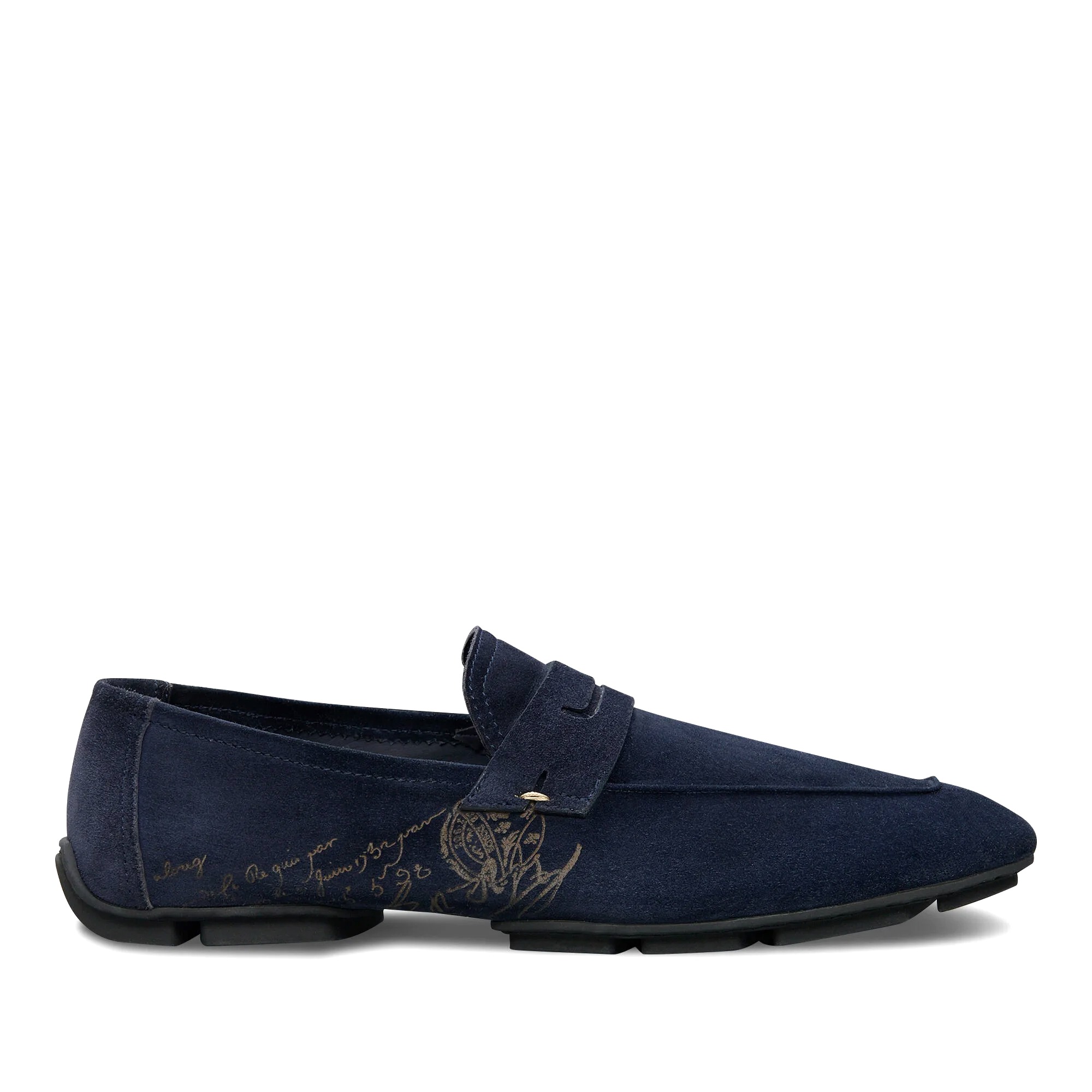 GIÀY BERLUTI Lorenzo Drive Scritto Camoscio Leather Loafer Navy