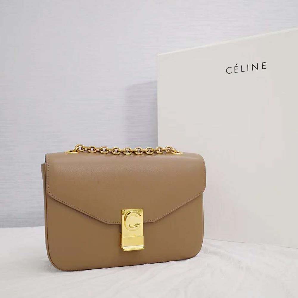 TÚI Celine Women Medium C Bag in Shiny Calfskin Leather-Sandy