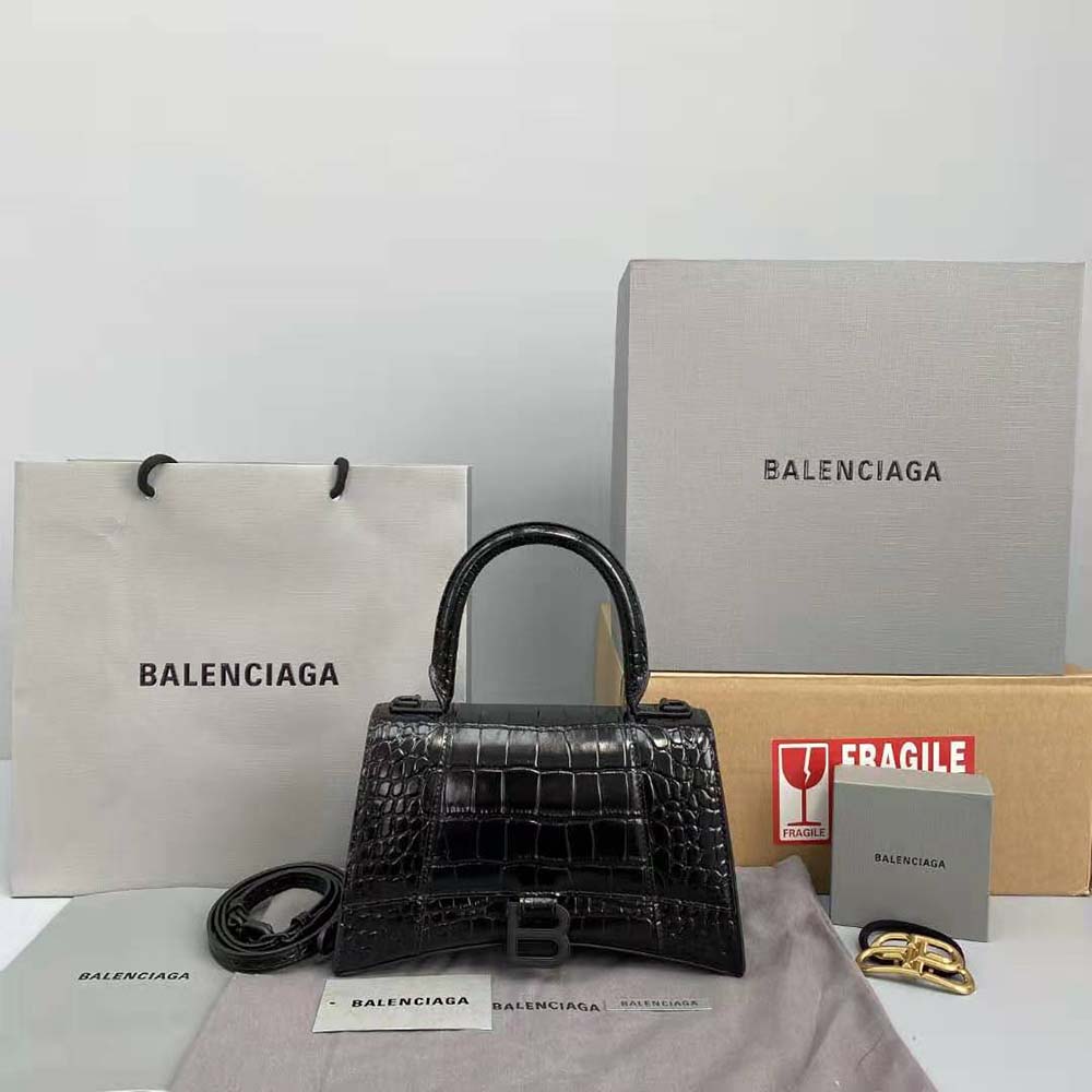 TÚI Balenciaga Women Hourglass Small Top Handle Bag-Black vân da cá sấu