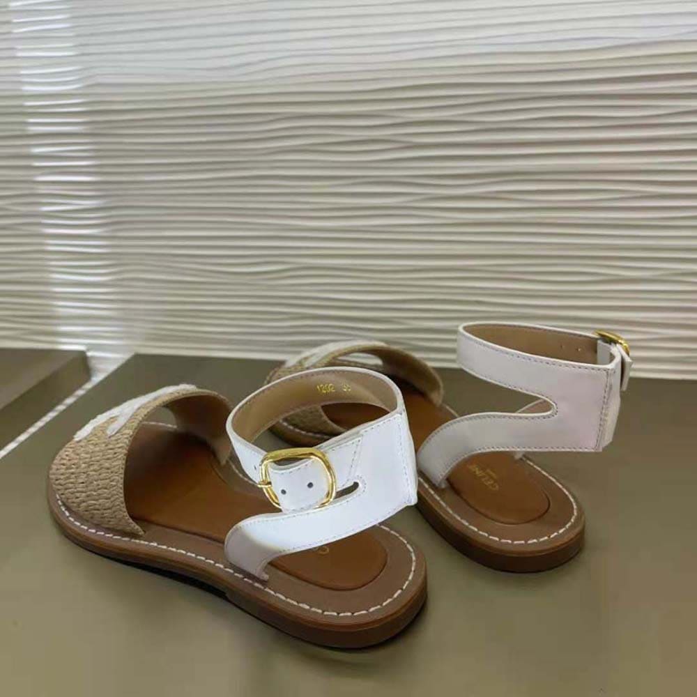 GUỐC Celine Women Lympia Flat Strap Sandal in Raffia & Calfskin-White