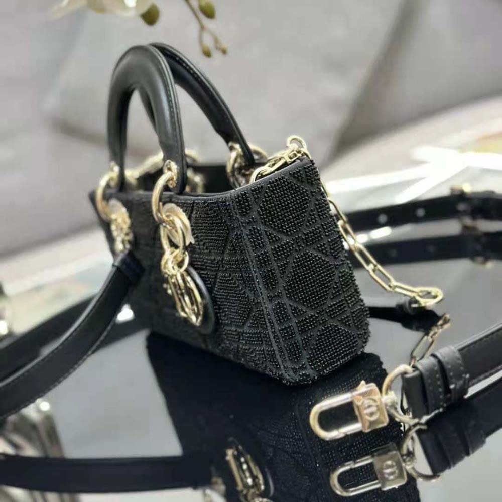 TÚI Dior Women Small Lady D-joy Bag Black Cannage Cotton with Micropearl Embroidery