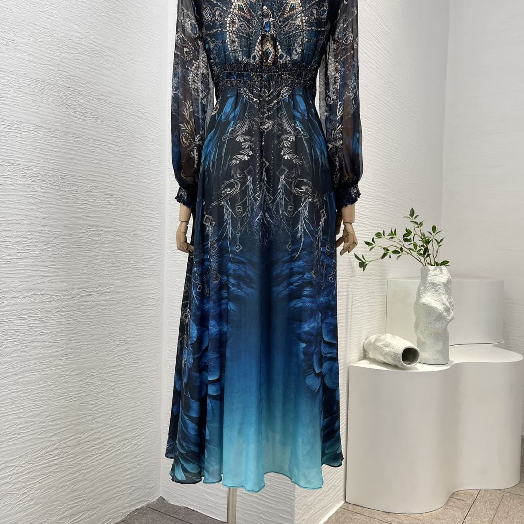 VÁY CAMILLA WorldCloset Dreaming Blue Diamonds Pressed Long Sleeve Midi Dress High Classy