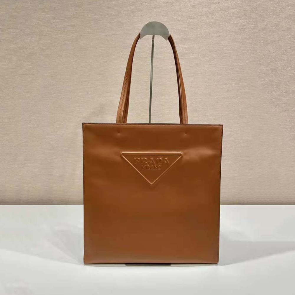 TÚI Prada Women Leather Tote Bag with Embossed Triangle Logo-Brown