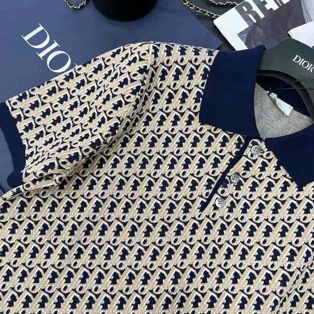 ÁO DIOR Men Oblique Polo Shirt Blue Cotton Jacquard