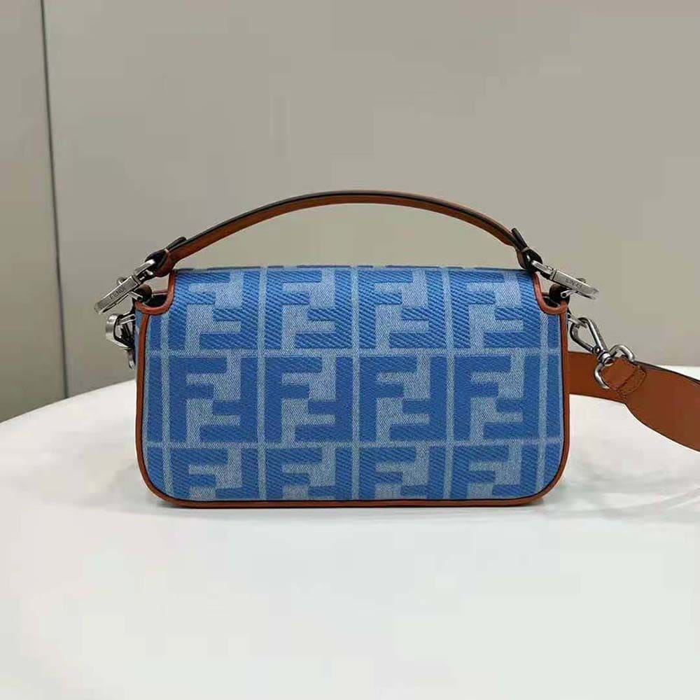 TÚI FENDI Women Baguette Light Blue Denim Bag with FF Embroidery
