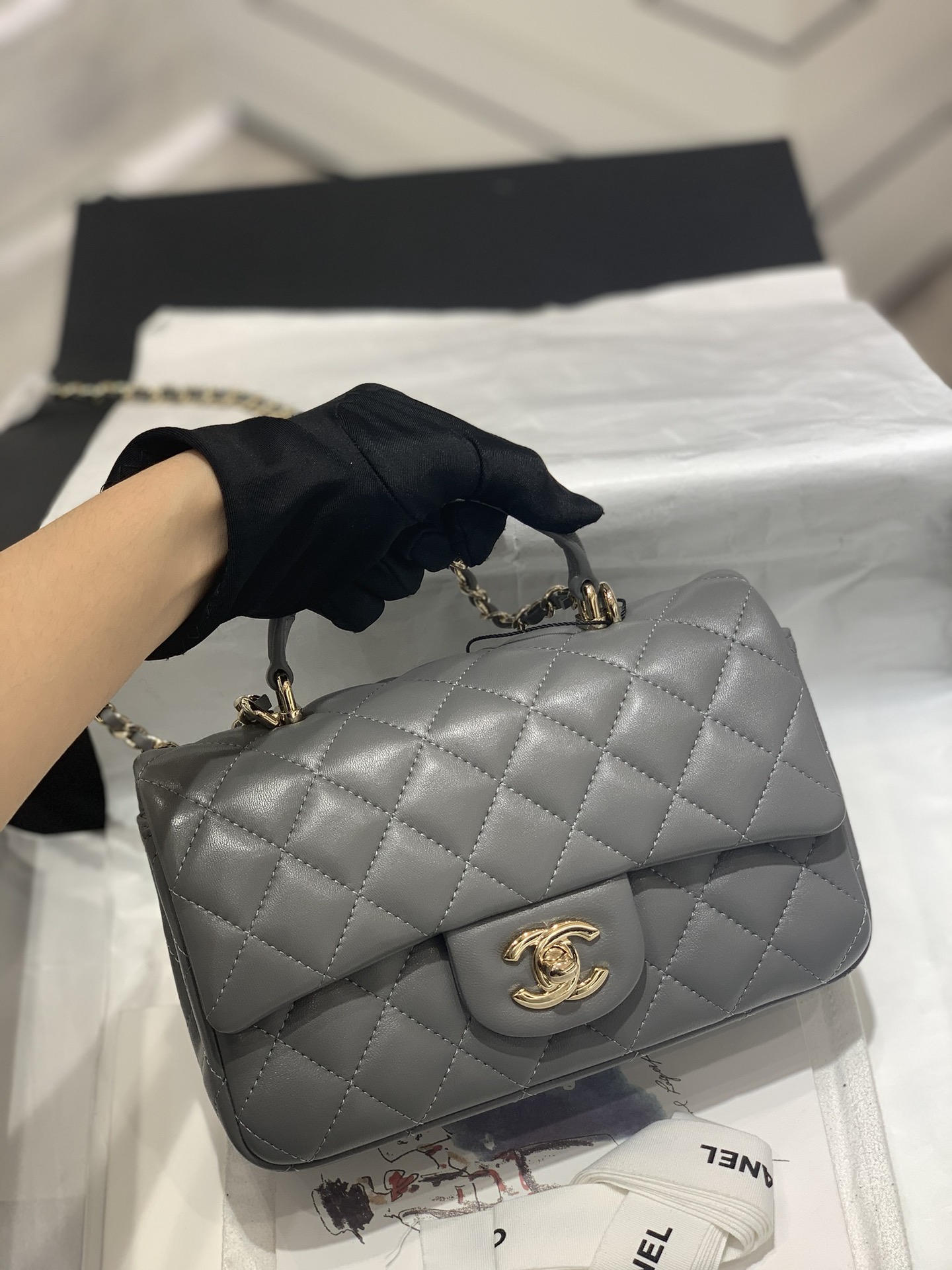 TÚI Chanel mini handle grey xám