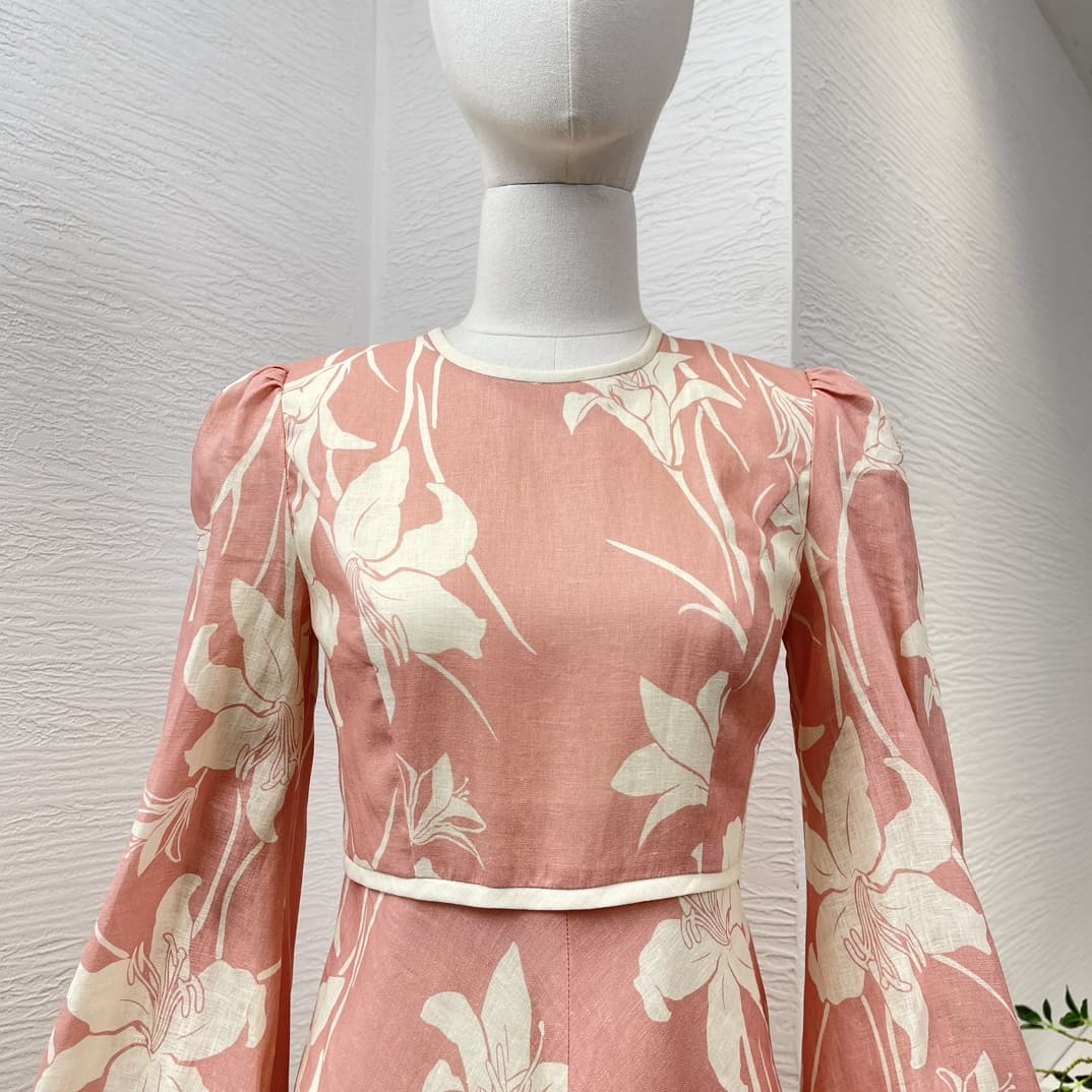 VÁY ZIMMERMANN Pink Floral Print Lantern Sleeve Vinatge Midi Dress High Classy