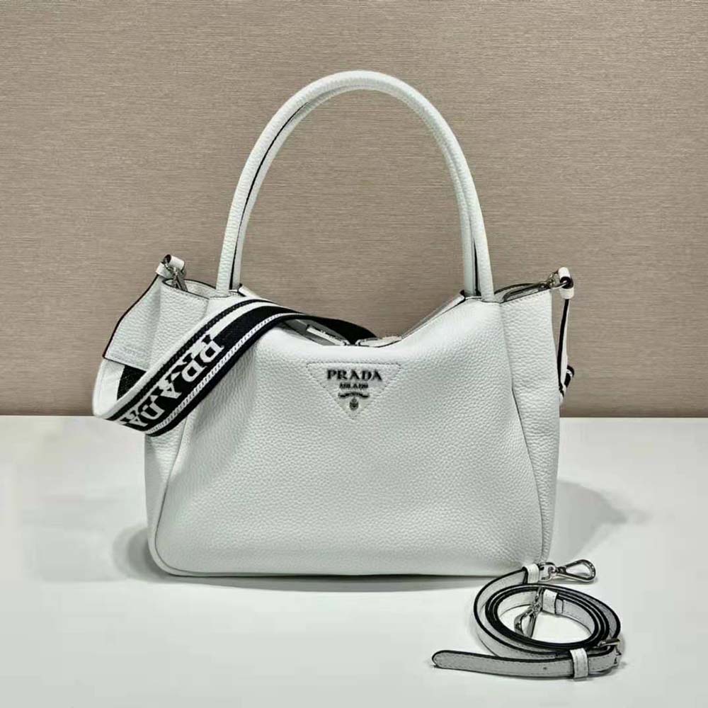 TÚI Prada Women Large Leather Handbag with the Prada Metal Lettering Logo Gleaming at Its Center-White
