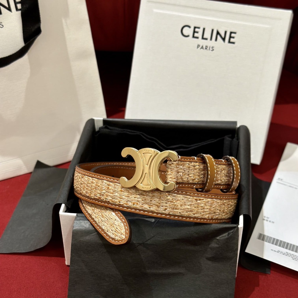 DÂY LƯNG CELINE TRIOMPHE Brown Calfskin Canvas and Gold Buckle