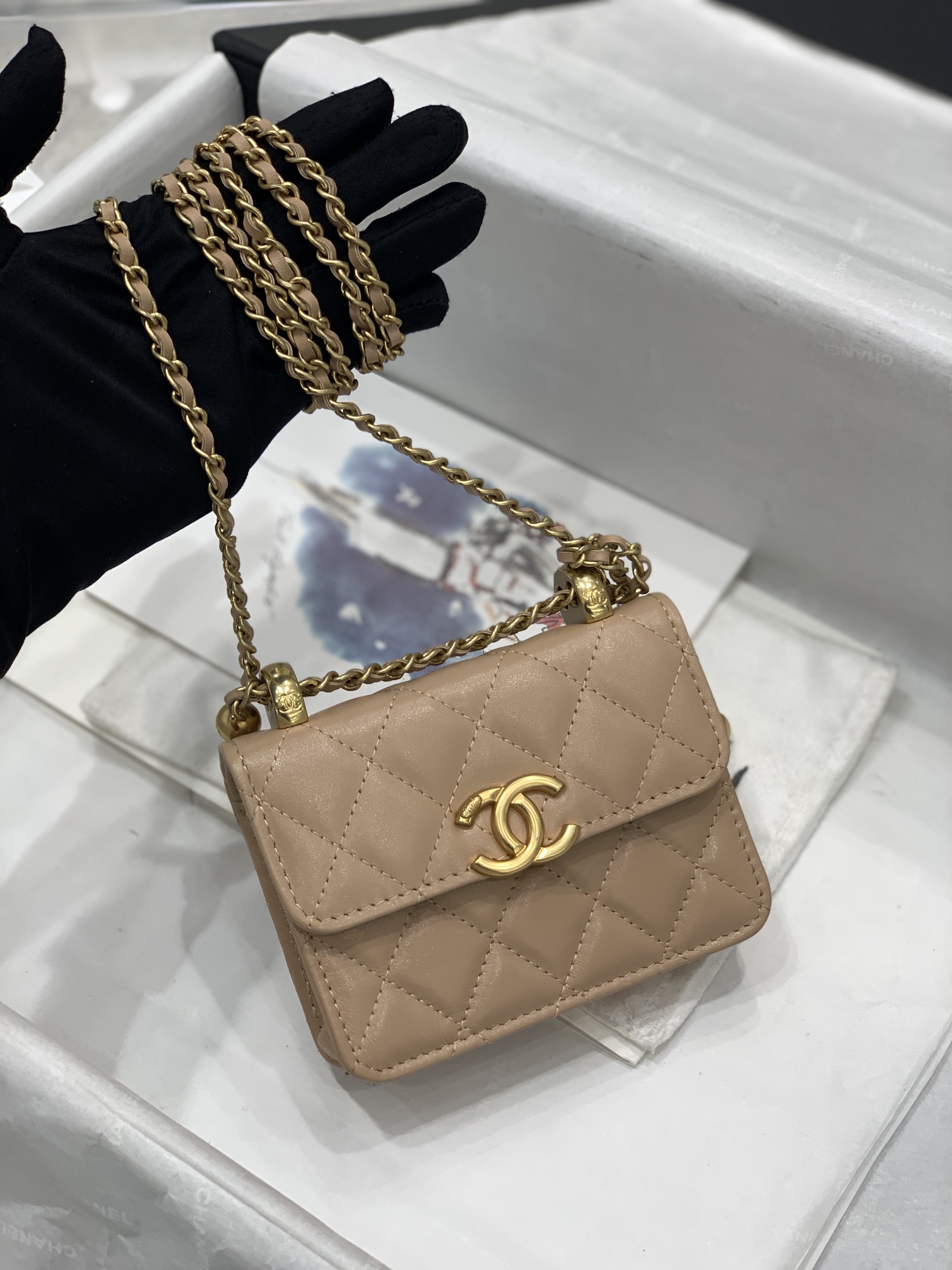 TÚI CHANEL MINI LAMBSKIN BROWN NÂU DA HAAS