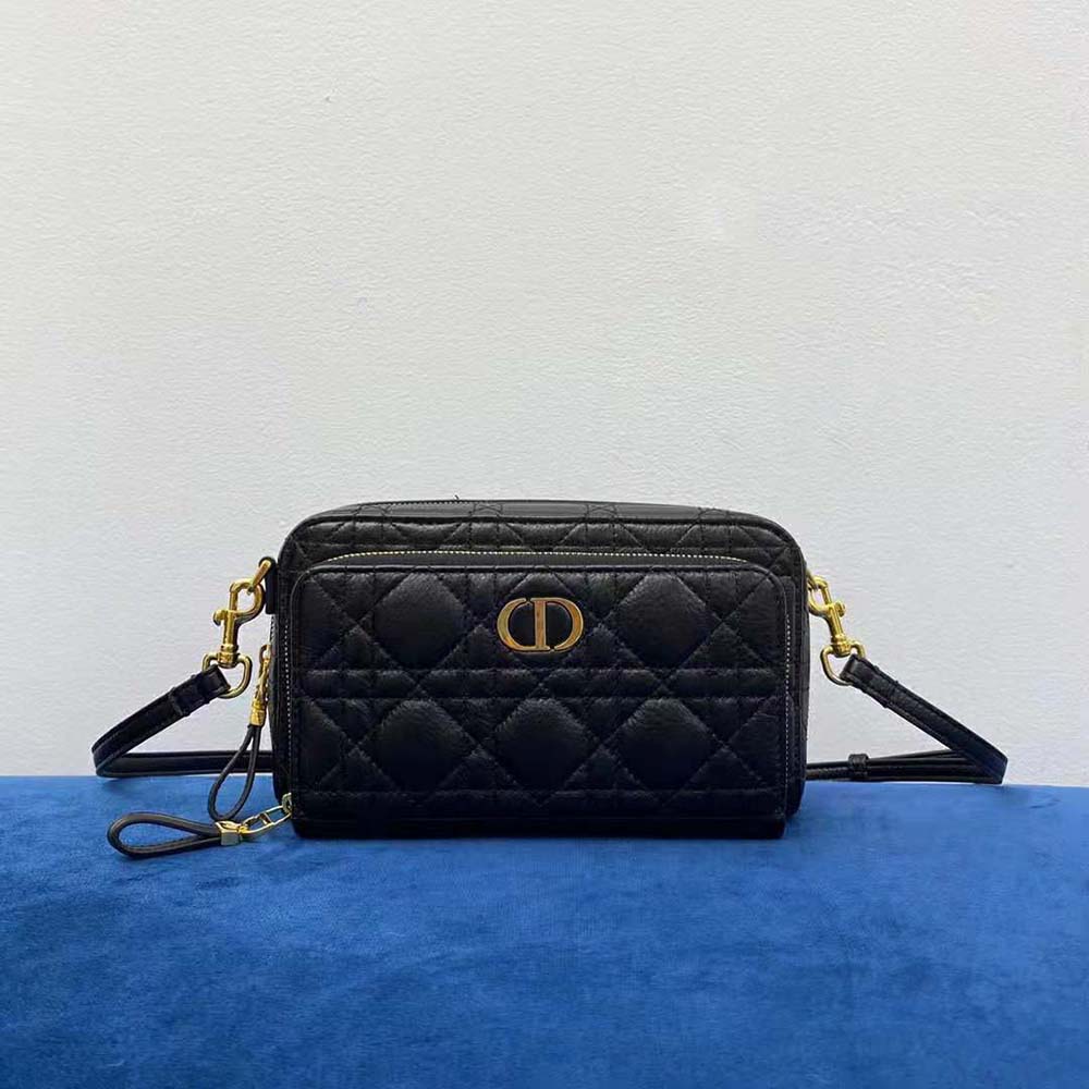 TÚI Dior Women Caro Double Pouch Black Supple Cannage Calfskin