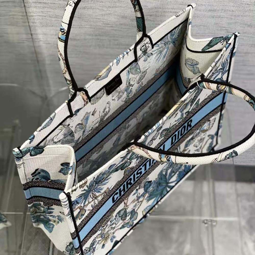 TÚI Dior Women Large Dior Book Tote White and Pastel Midnight Blue Toile de Jouy Mexico Embroidery