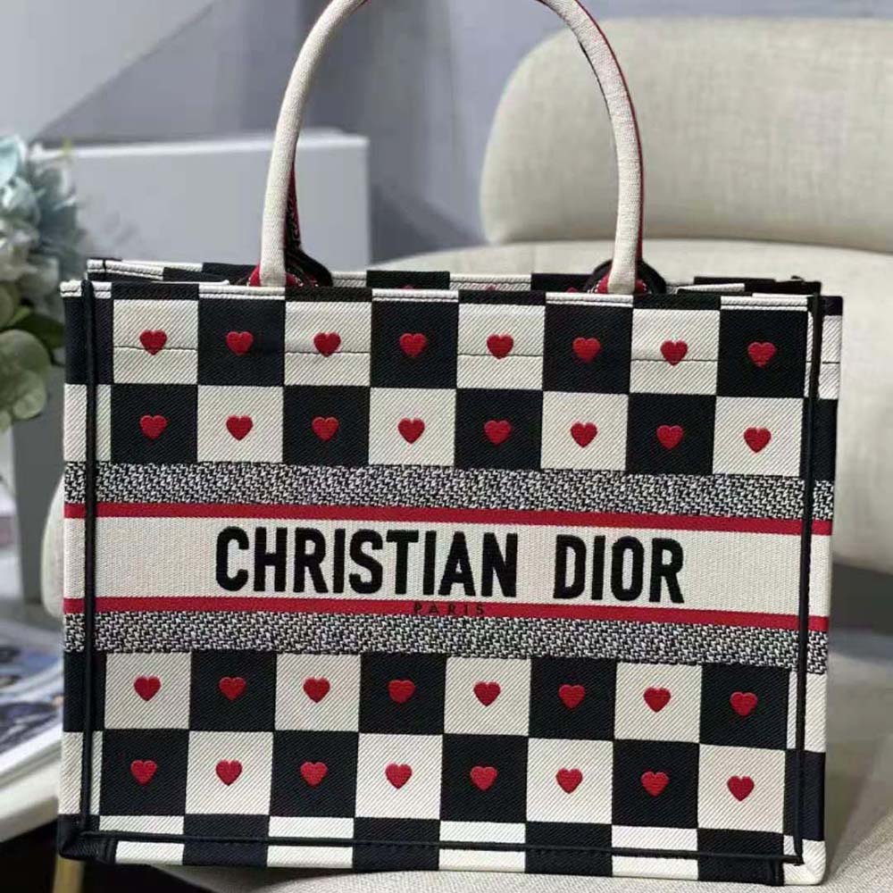 TÚI Dior Women Small Dioramour Dior Book Tote Black White and Red D-Chess Heart Embroidery