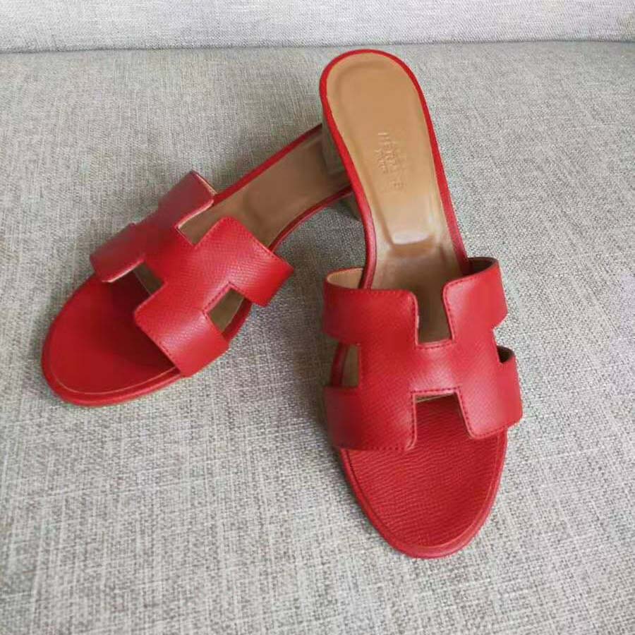 GIÀY Hermes Women Oasis Sandal in Calfskin with Iconic H Cut-Out 5.6cm Heel-Red SS2022