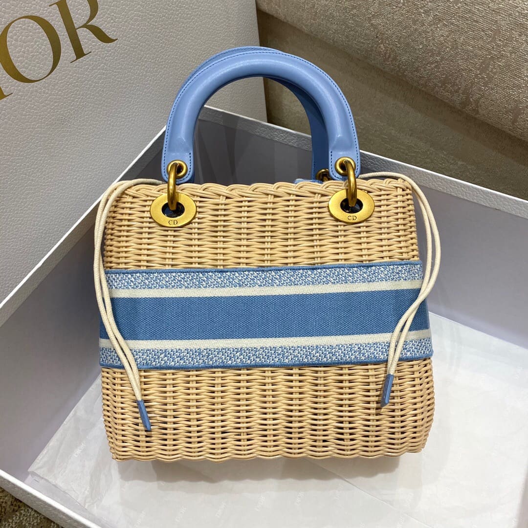 TÚI Dior Women Medium Lady Dior Bag Natural Wicker and Blue Dior Oblique Jacquard