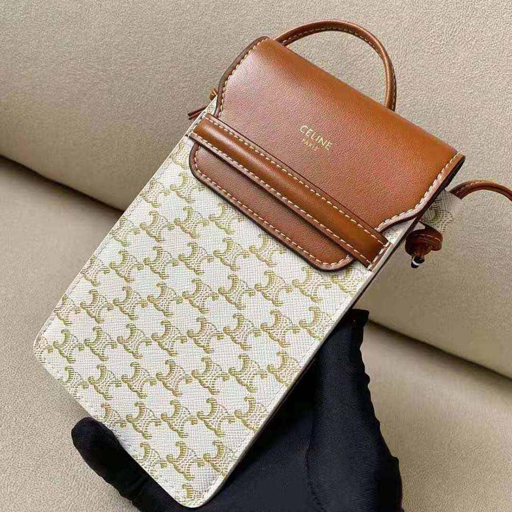 TÚI Celine Women Phone Pouch with Flap in Triomphe Canvas and Lambskin-Beige
