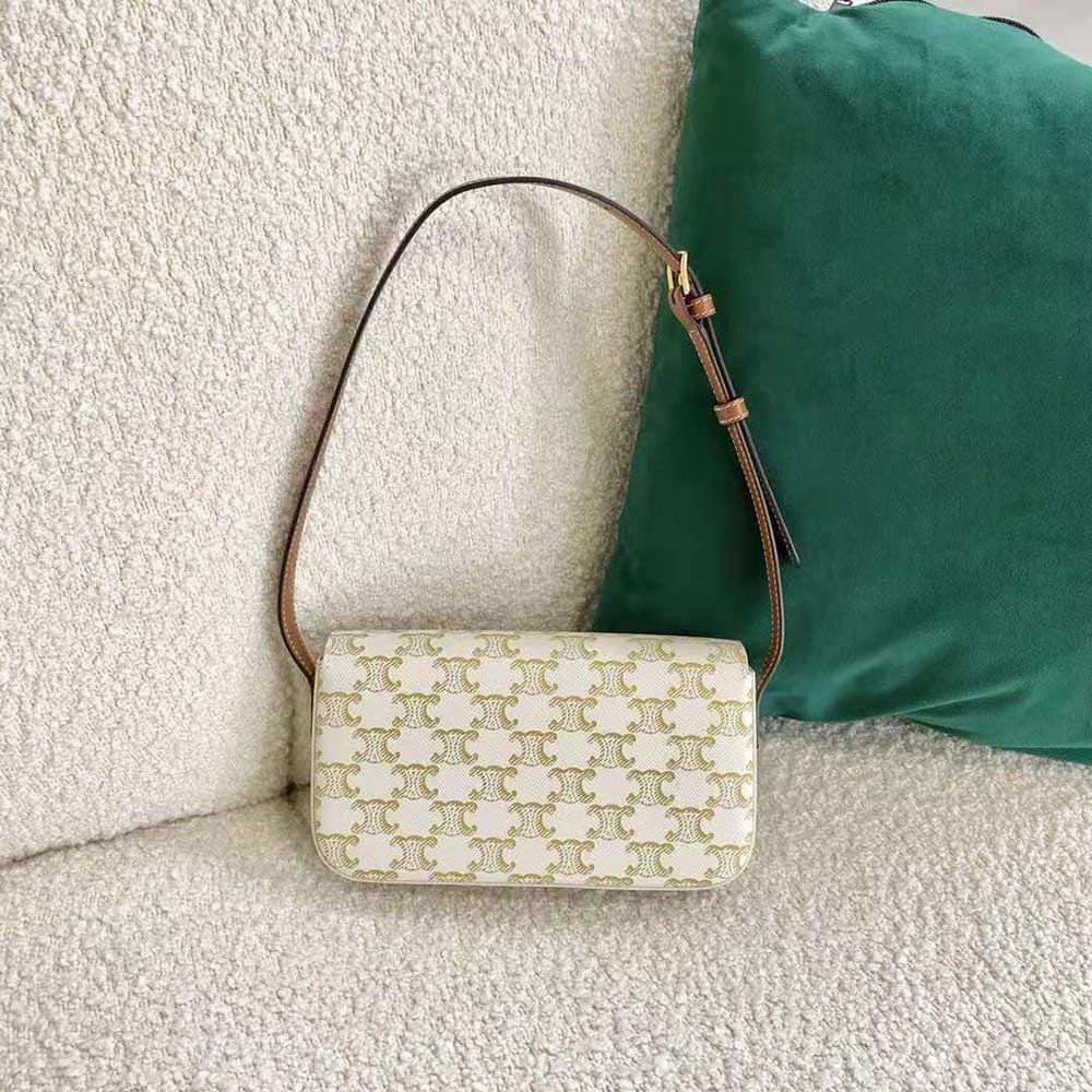 TÚI Celine Women Triomphe Shoulder Bag in Triomphe Canvas and Calfksin-White